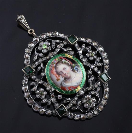 A 19th century Austro-Hungarian? 14ct white gold, emerald and rose cut diamond set pendant, 2in